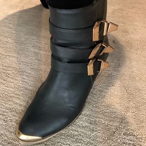 Black Leather + Gold Buckles Ankle Bootie